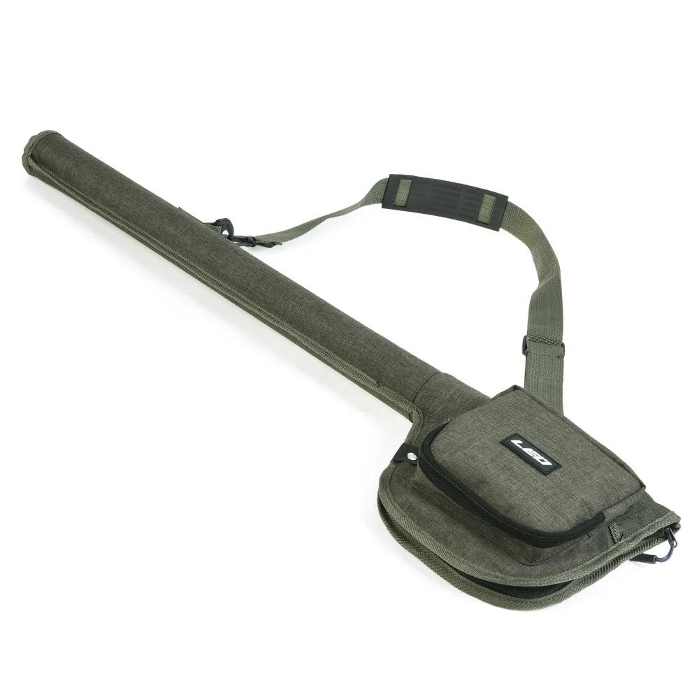 Green canvas fishing rod bag 81cm long lying flat on a surface showing the fabric texture and stitching