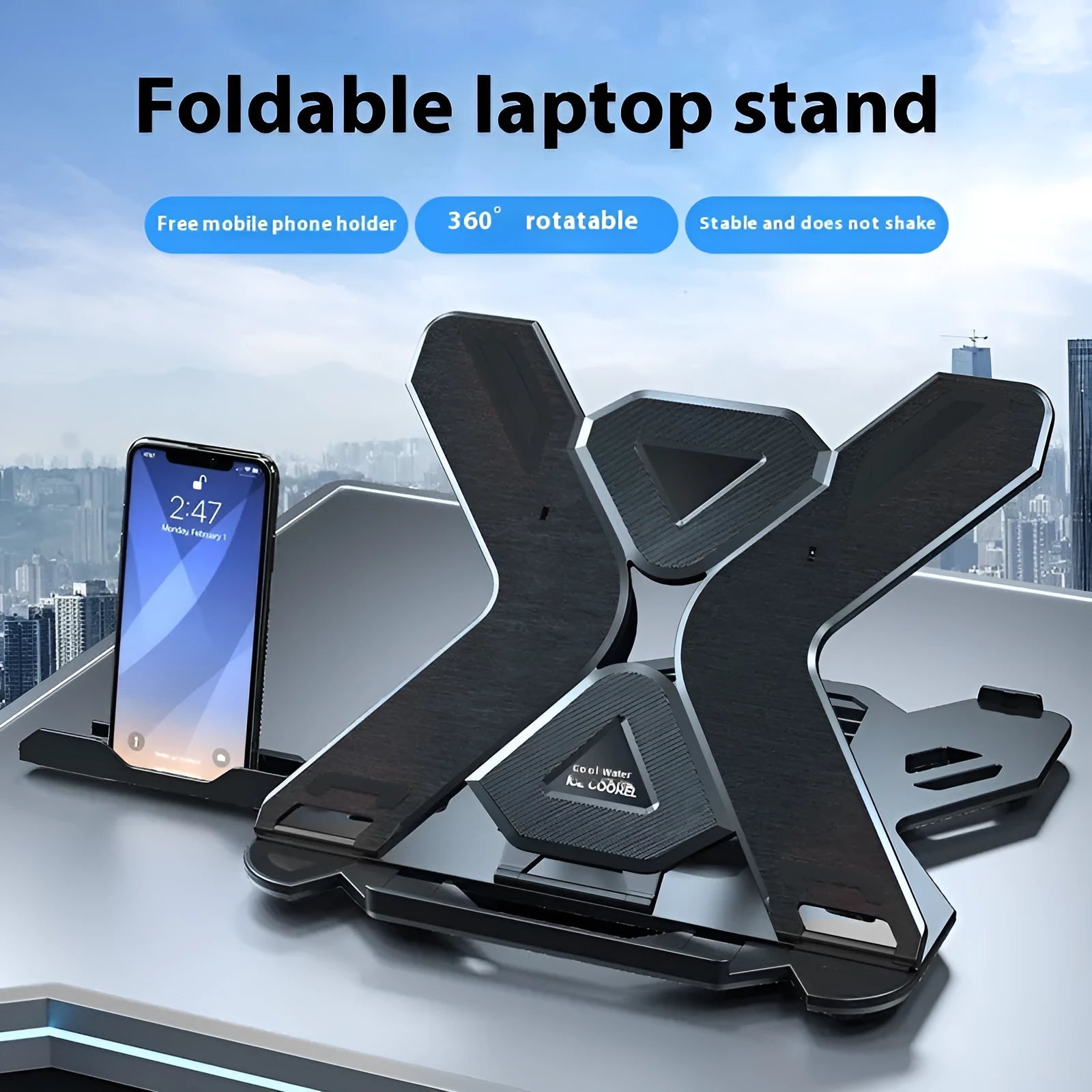 Black ABS plastic laptop cooling bracket showing 300x200mm dimensions and elevated design