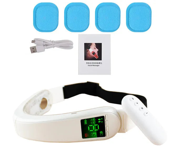 Infrared LED photon therapy V-shape face massager in blue with silicone sheet attached