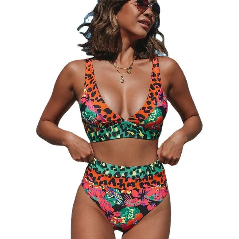 Women's high-waisted floral print bikini set on a mannequin.