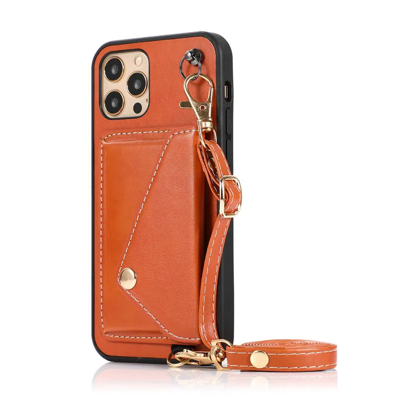 Embossed imitation leather phone case with raised card holder and detachable crossbody rope for iPhone
