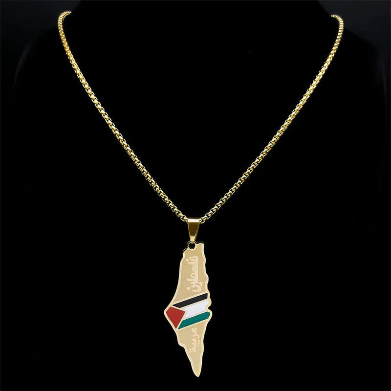 Stainless steel Palestine Israel map pendant necklace gold colour with flag enamel on white background