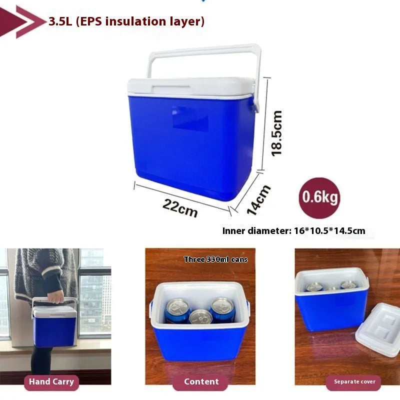 Blue portable insulated cool box with aluminium foil interior, shown with lid open.