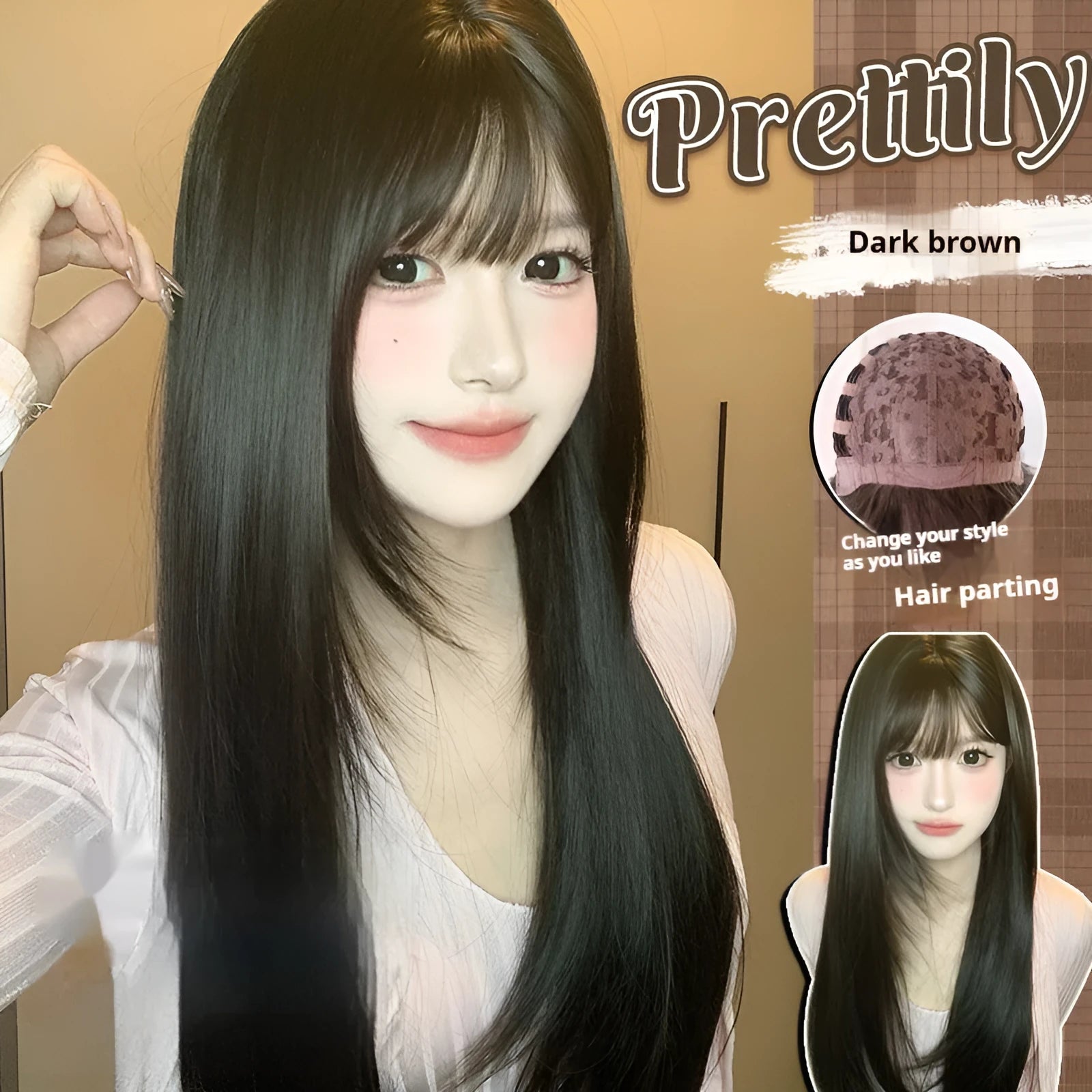 Dark brown straight women's wig with bangs for round face shapes