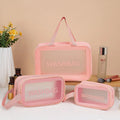 3-piece PVC wash bag set in transparent waterproof material, large medium and small sizes, beige black blue pink white
