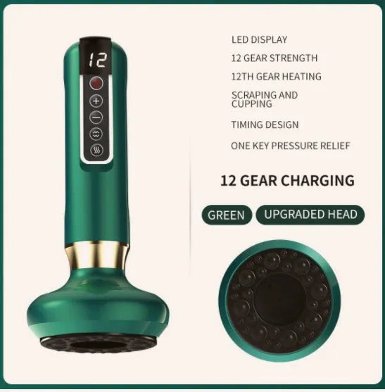 Green electric vacuum cupping massager device with USB cable on a white background
