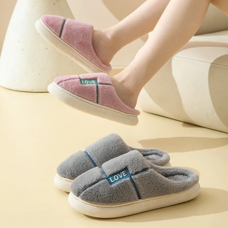 Women's indoor furry slippers in solid colour with plush upper and rubber sole for winter warmth