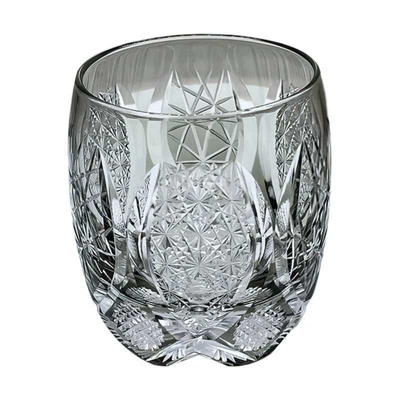 Japanese-style Edo crystal glass whisky tumbler with amber flash cut design in wooden box