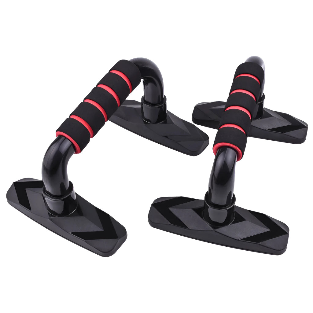 A pair of I-shaped black push up bars with diamond-patterned anti-slip PP sponge grips on a grey background.