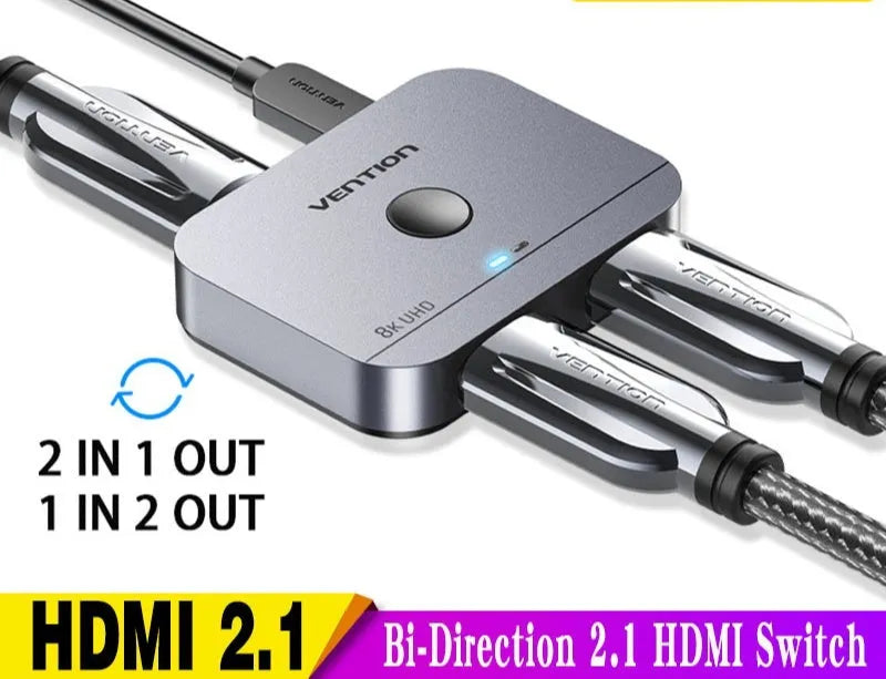 Grey alloy computer video cable adapter splitter box for HD TV connection.