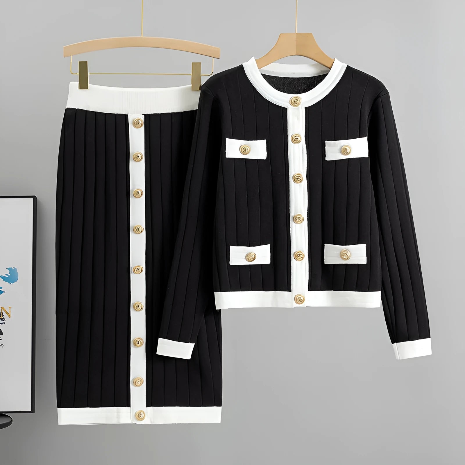 Women's knitted cardigan and skirt two-piece set in colour-block design, available in black, white, khaki, pink, viscose fibre fabric