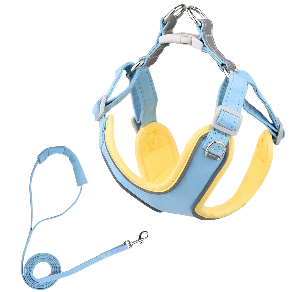 Adjustable suede dog harness and leash set in blue yellow, sizes XXS to L with matching towing rope