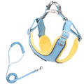 Adjustable suede dog harness and leash set in blue yellow, sizes XXS to L with matching towing rope