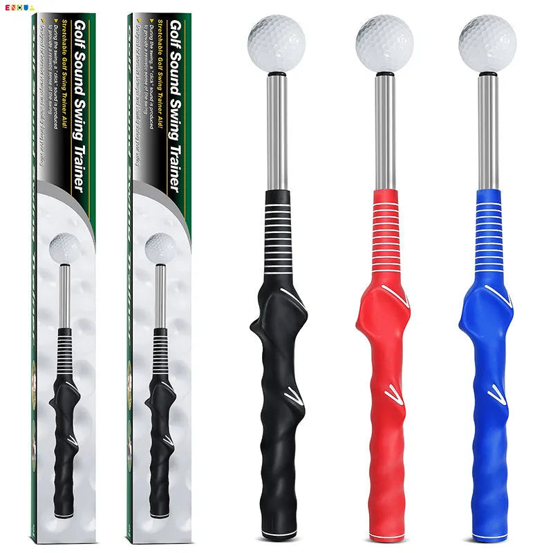 Telescopic stainless steel golf swing simulator with trainer, shown in black, blue, and red colour options.