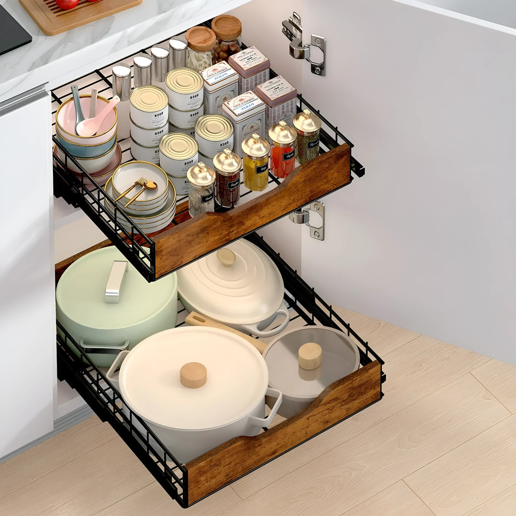 Black household storage basket drawer with wood and iron frame, showing pull-basket design.