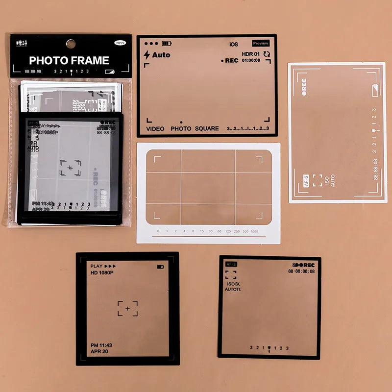 15 transparent retro frame sticker sheets with photography, film, magazine, music, social designs