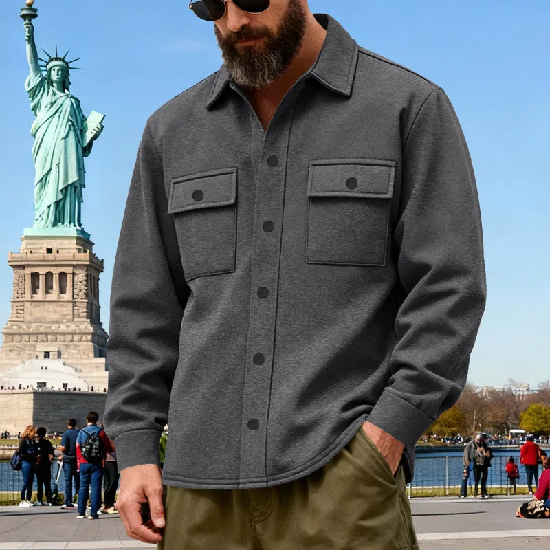 Men's heavyweight loose fleece-lined workwear jacket with 3D patch pocket, thickened winter coat, five colours