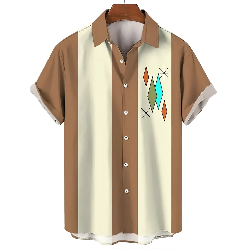 Man wearing a striped short sleeve Hawaiian shirt with button front.