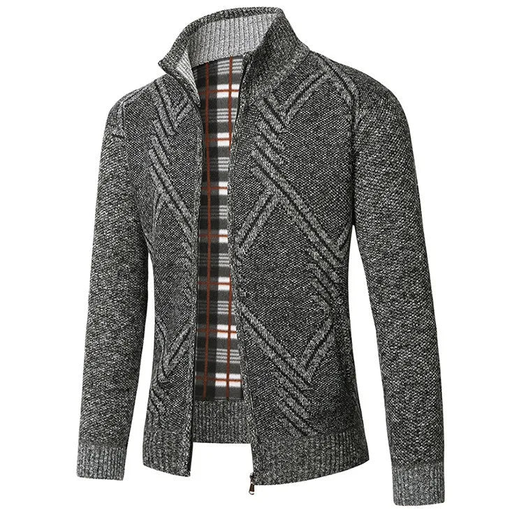 Men's thick cotton blend stand collar zipper cardigan sweater in light gray, long sleeves, size M to 3XL