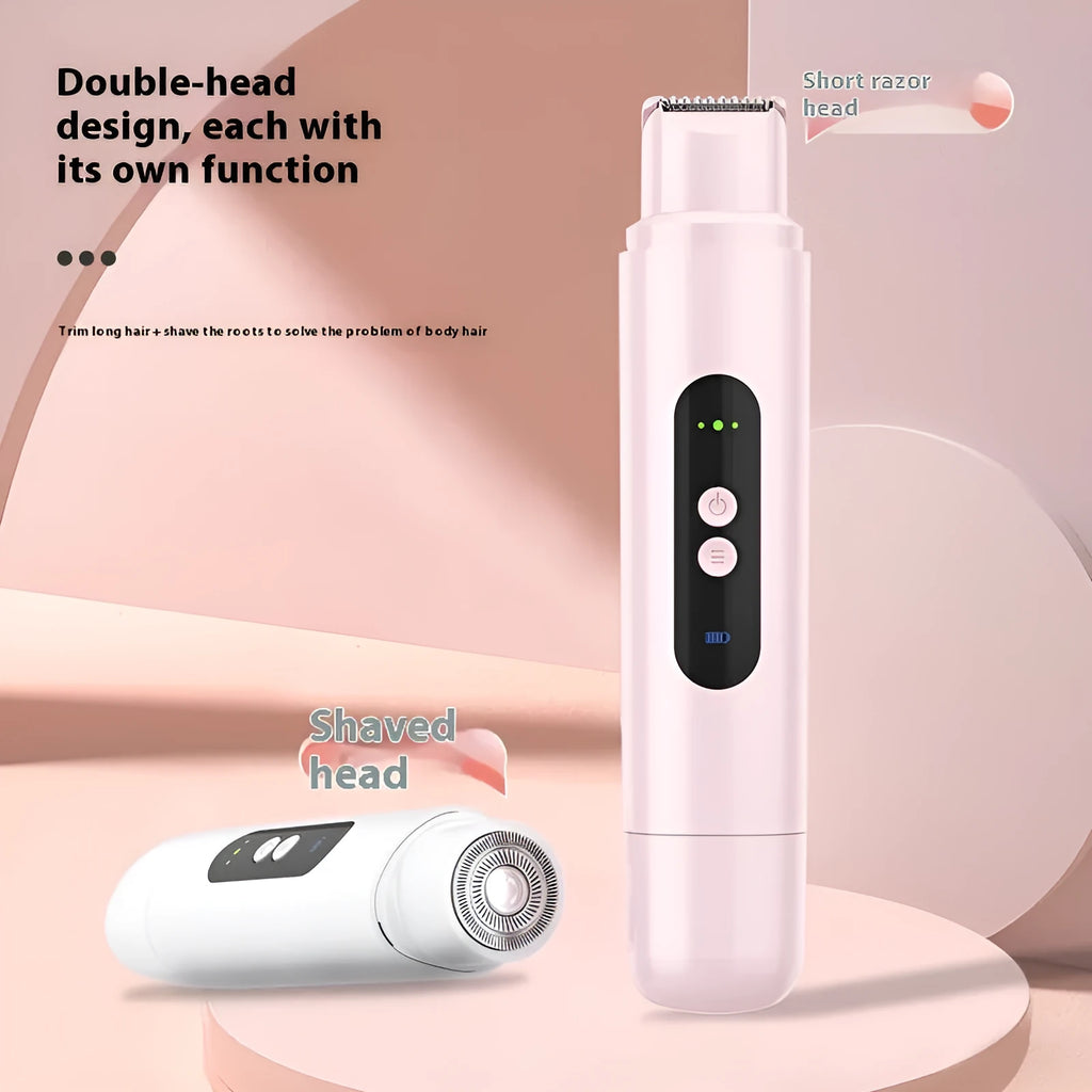 Pink and white portable electric body hair trimmer with USB cable on a white background