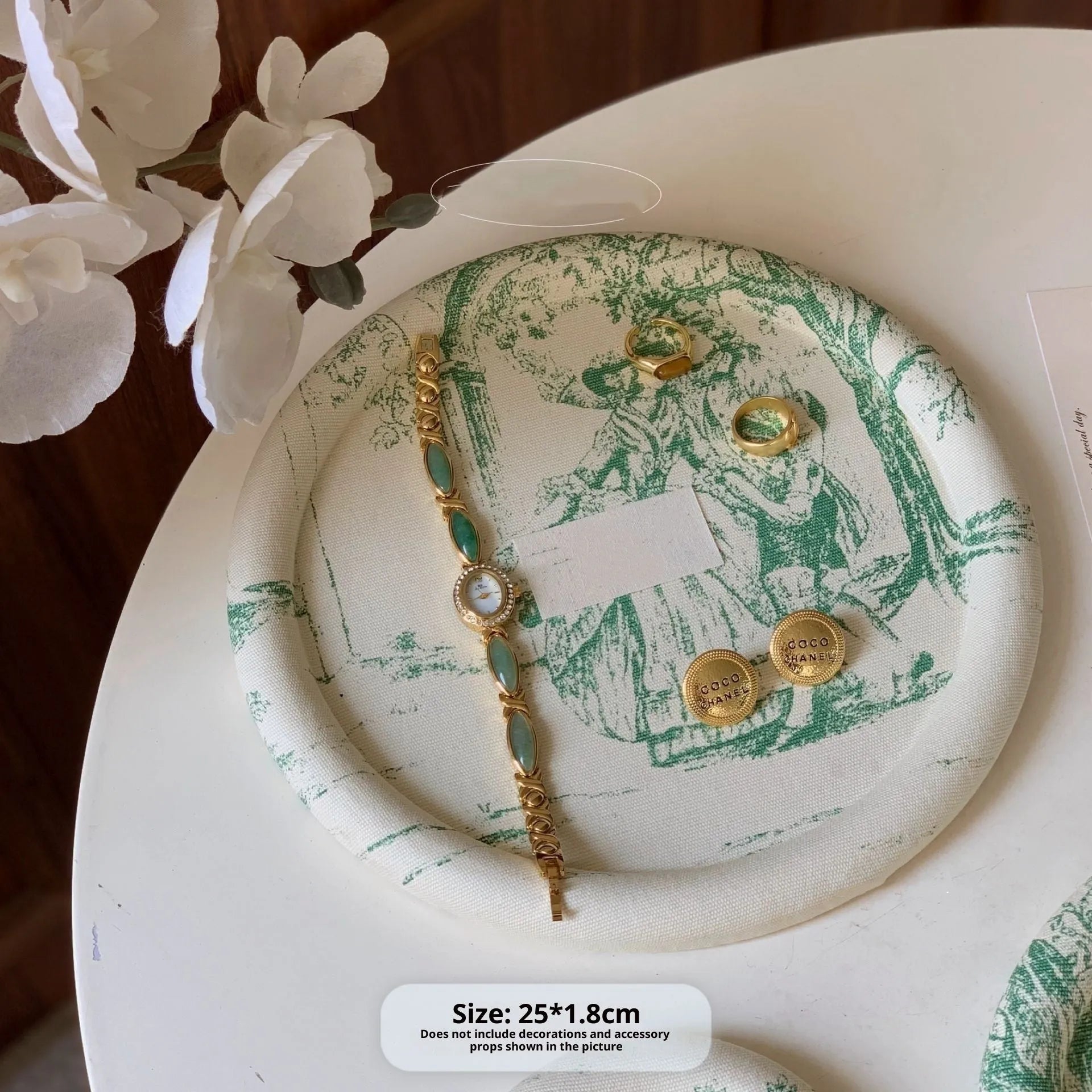 Retro fabric MDF jewellery tray in French manor style with bracelet and necklace