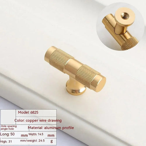 Brushed brass aluminium alloy cabinet handle with visible screw holes for mounting.