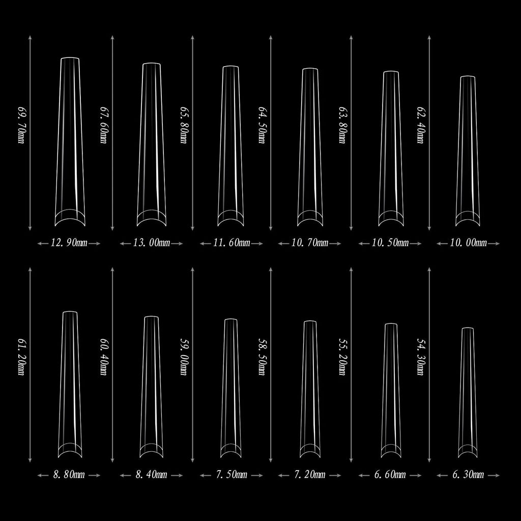 180 extra long seamless French nail tips manicure set in six colour options laid out on a white background