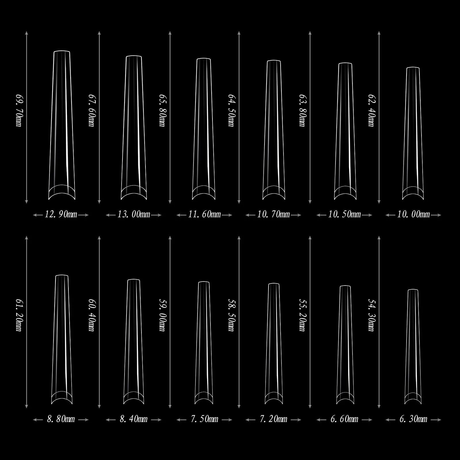 180 extra long seamless French nail tips manicure set in six colour options laid out on a white background