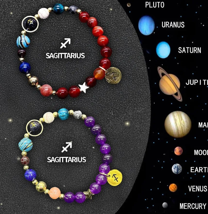 Set of twelve natural stone beaded bracelets, each representing a different zodiac sign.