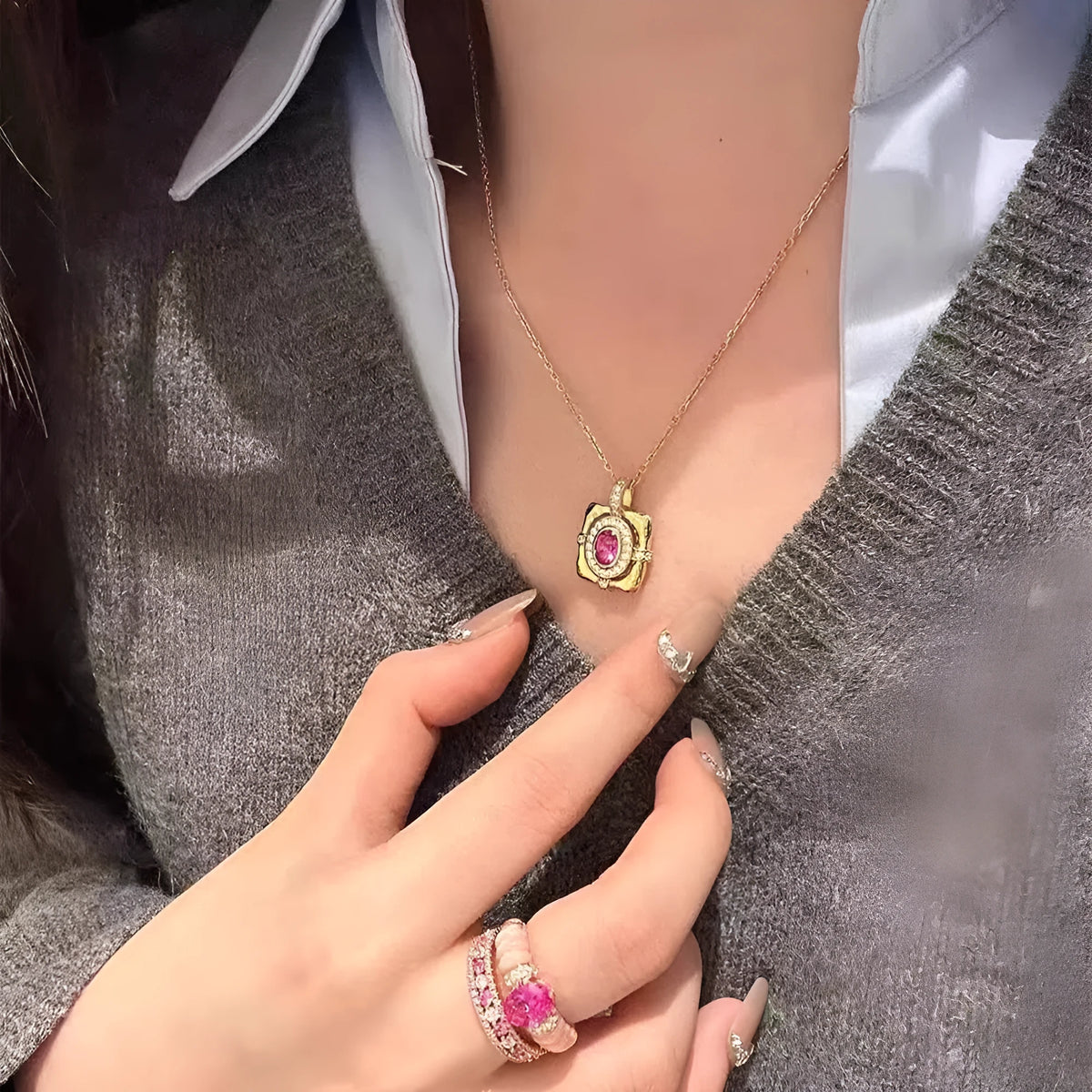 French retro court-style red corundum square pendant necklace with copper bamboo chain for women