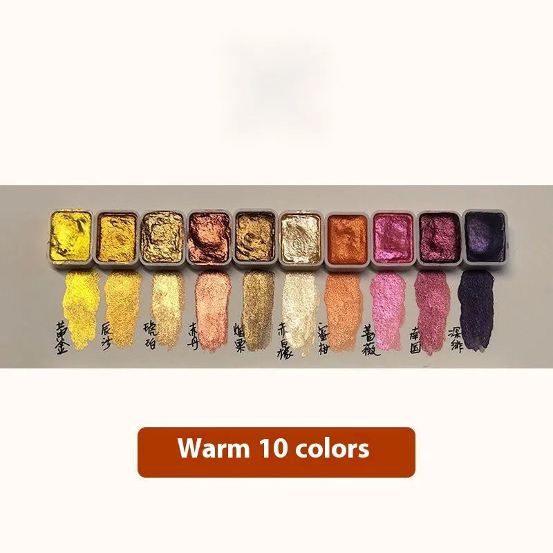 Traditional Chinese painting mineral pearlescent watercolour set with tubes in warm colours, cold colours, and metallic gold paints