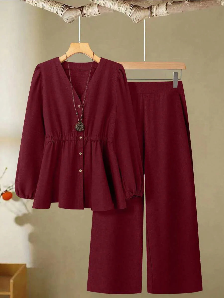 Women's long-sleeved polyester two-piece suit set in wine red or khaki with button detail, sizes S-XXL