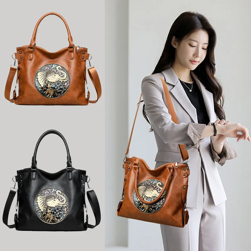 Retro Chinese style soft bread leather crossbody bag, horizontal square shape with stitching, brown and black colour options