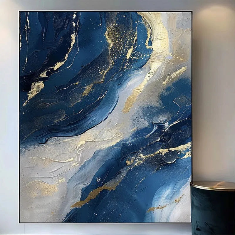 Handmade abstract oil painting in golden and blue on frameless vertical canvas, one panel, for living room wall decor