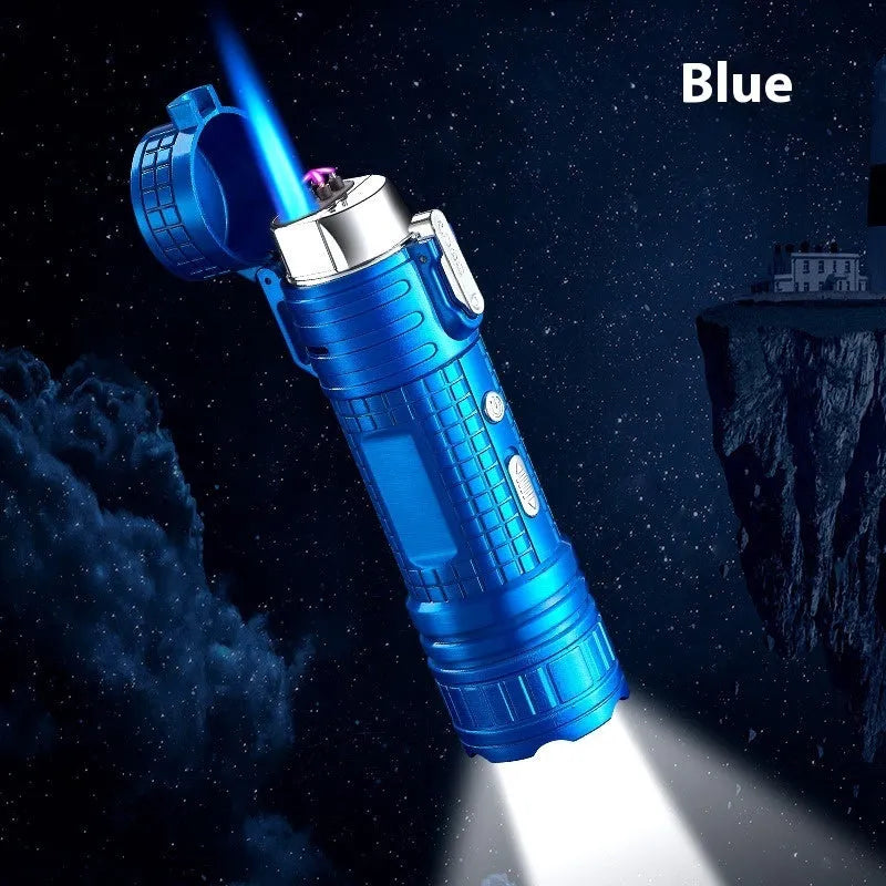TH727 multi-function metal flashlight lighter shown in camouflage, red, black, blue, and yellow colour options.