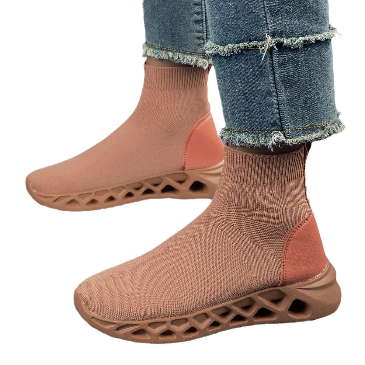 Women's low-top casual mesh sock boots in terracotta warriors colour with round toe and sewing line detailing