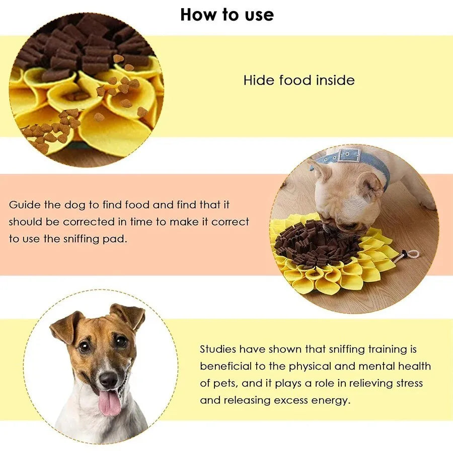 Yellow sunflower-shaped dog snuffle mat with fleece surface and a rope for hanging