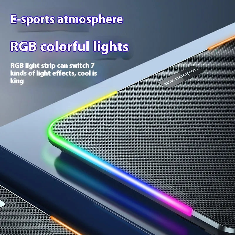 Black laptop cooling pad with RGB light, phone bracket, wire fence plastic body, 360x255x27mm