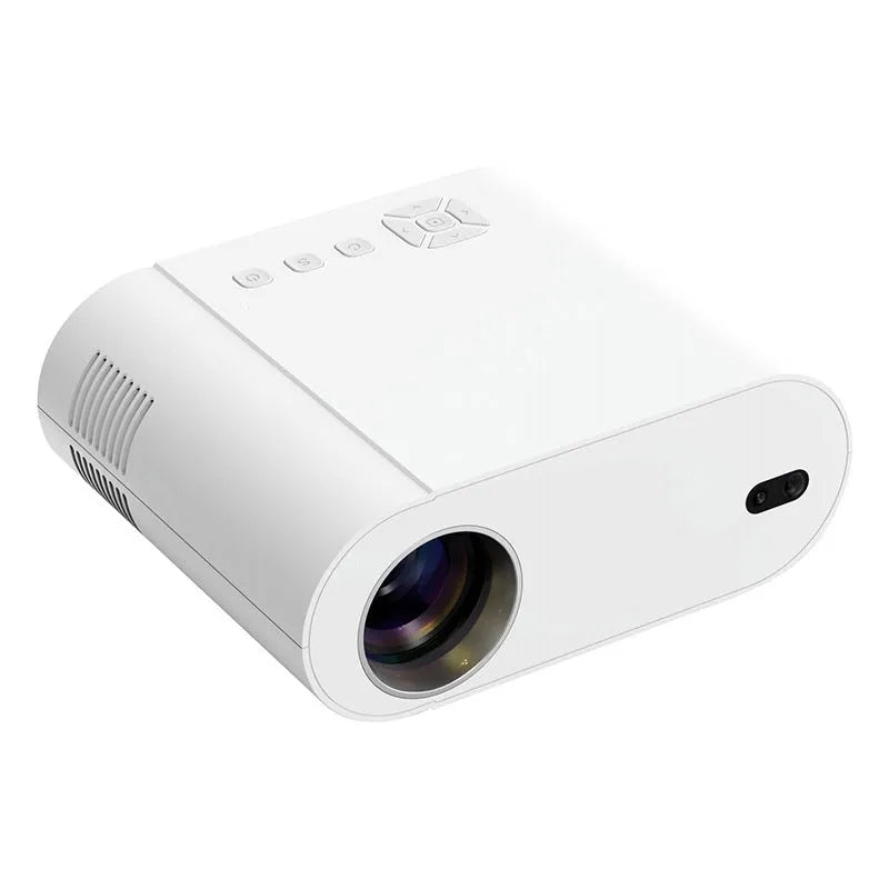 White Full HD smart projector with remote control showing 1080p resolution and Android system