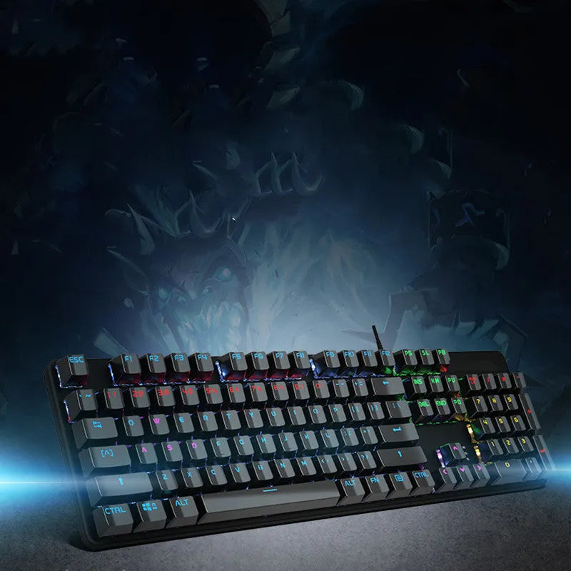 AOC GK410 wired mechanical keyboard with metal body and white backlit keys on a dark desk.