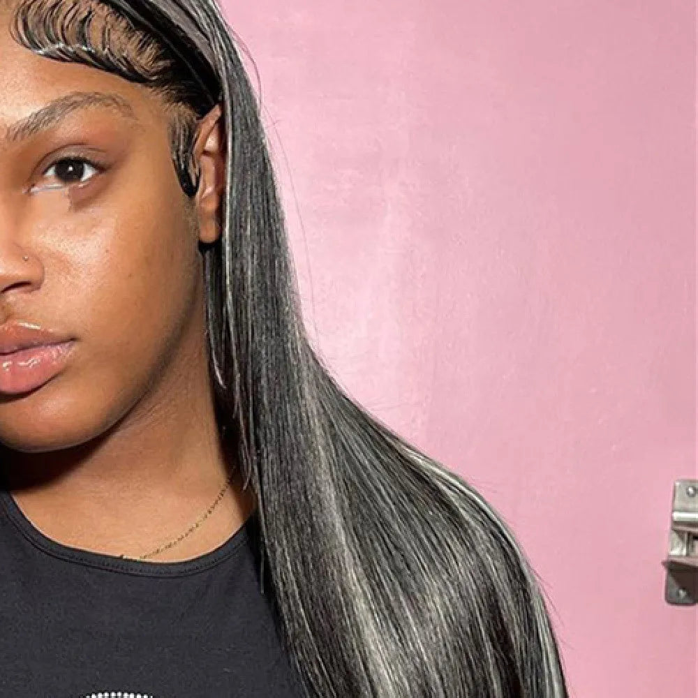Piano color highlight P1bGrey straight human hair wig on a stand, showing natural texture and lace base