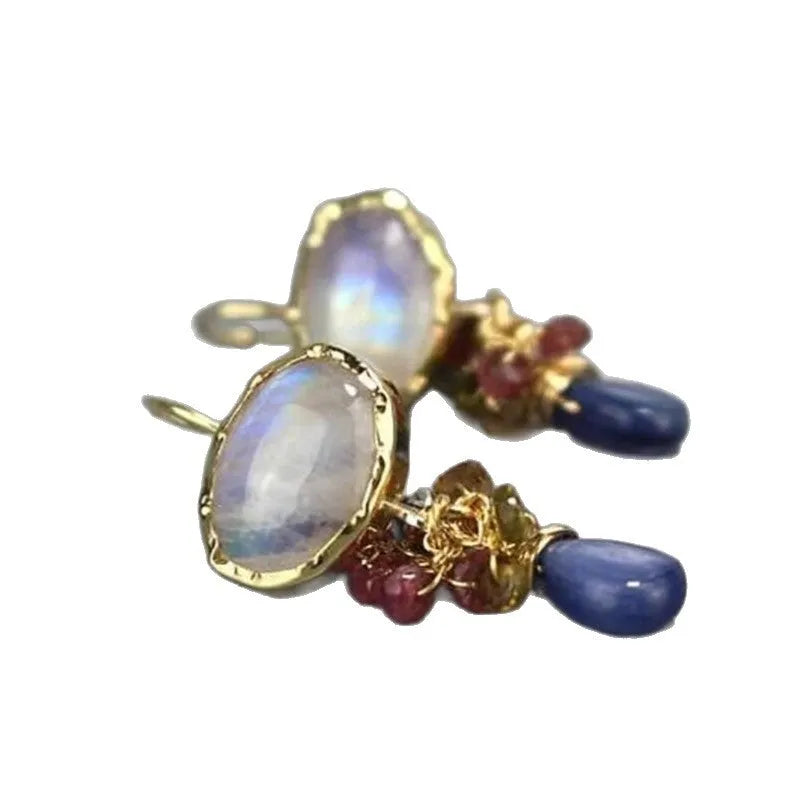 Pair of retro vertical drop earrings with coloured stones, copper geometric design, Style 1 or 2
