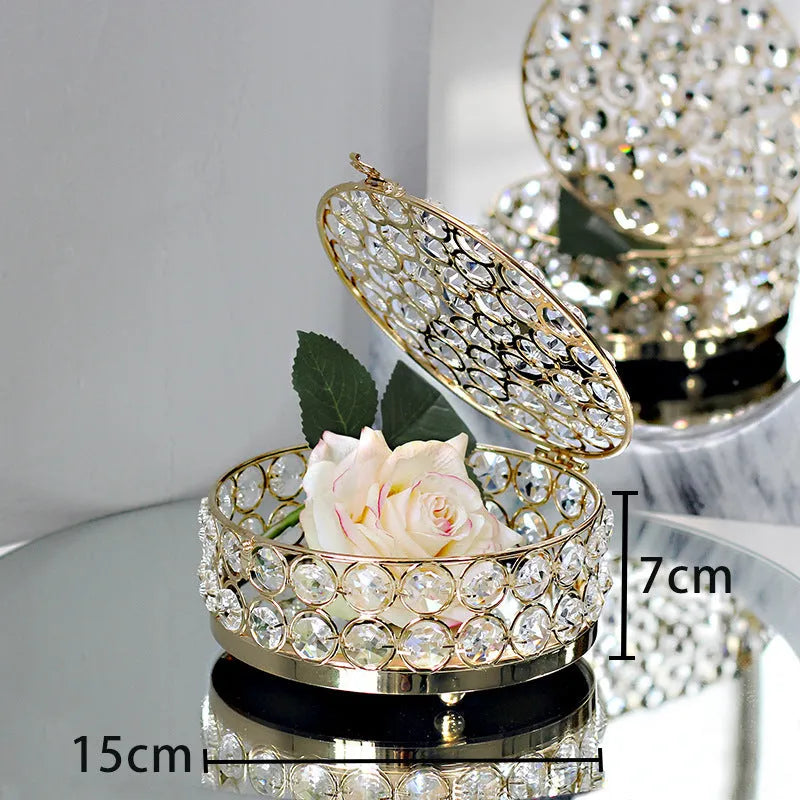 Crystal glass jewelry storage box with transparent sides and French gold metal frame