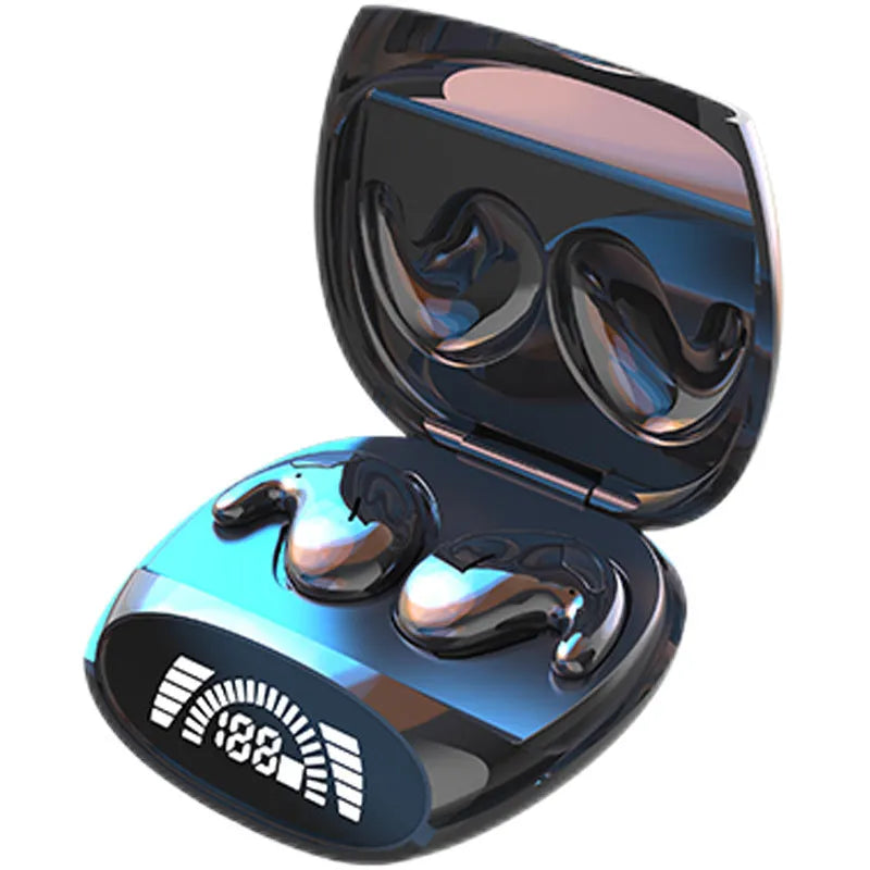 Binaural Bluetooth headset with noise reduction in black, featuring ear-sticking design and Jerry chip for wireless calls up to 10 metres