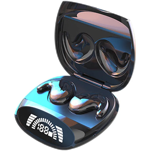 Binaural Bluetooth headset with noise reduction in black, featuring ear-sticking design and Jerry chip for wireless calls up to 10 metres