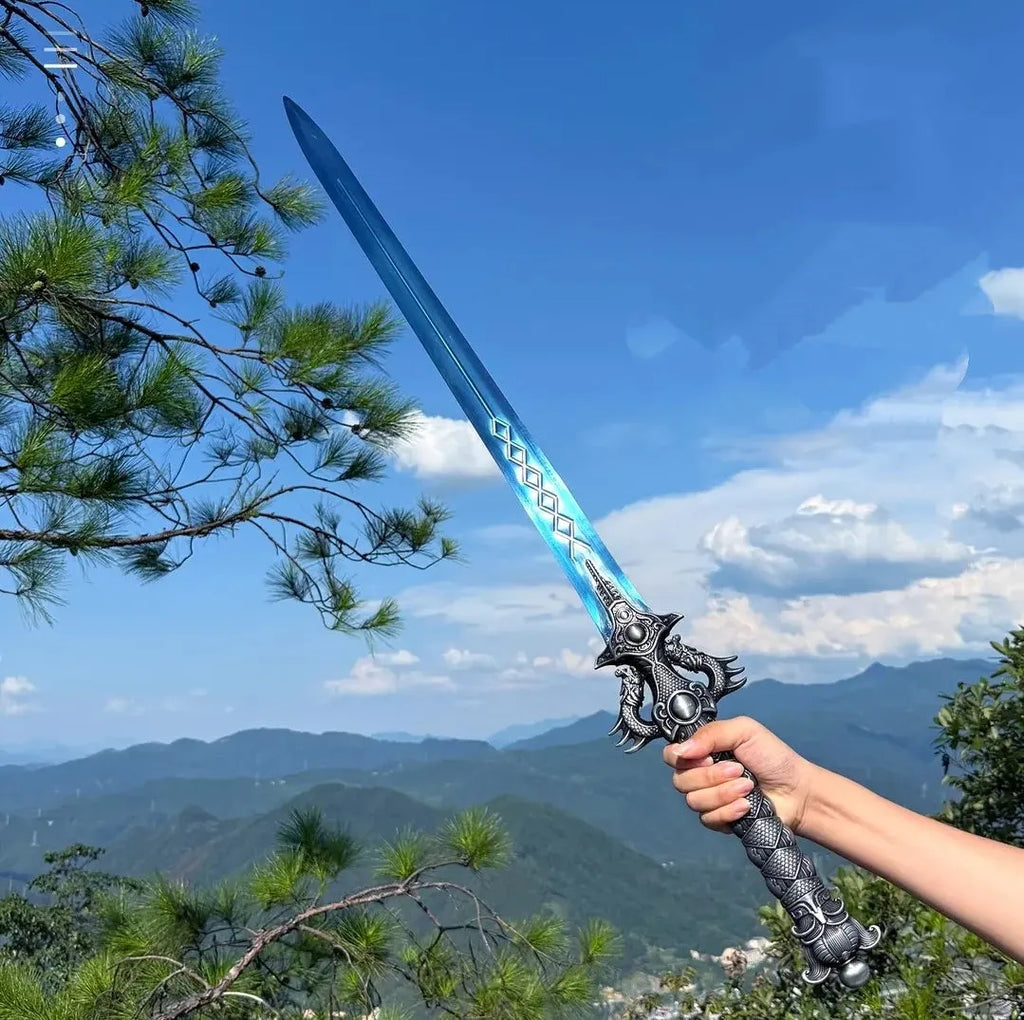 Blue Xingyuan sword from Longquan City with high manganese steel blade and leather-covered scabbard on display