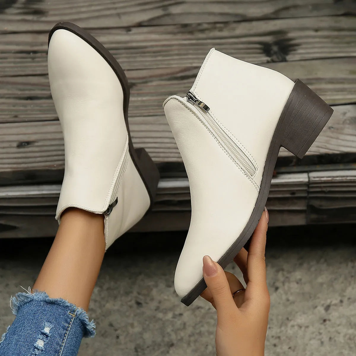 Women's suede ankle boots with side zipper and chunky low heel, in off-white, black, or khaki
