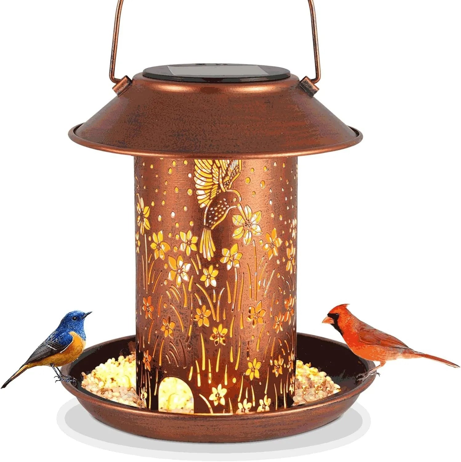 Solar lamp bird feeder with hummingbird pattern, waterproof iron art construction for outdoor gardens