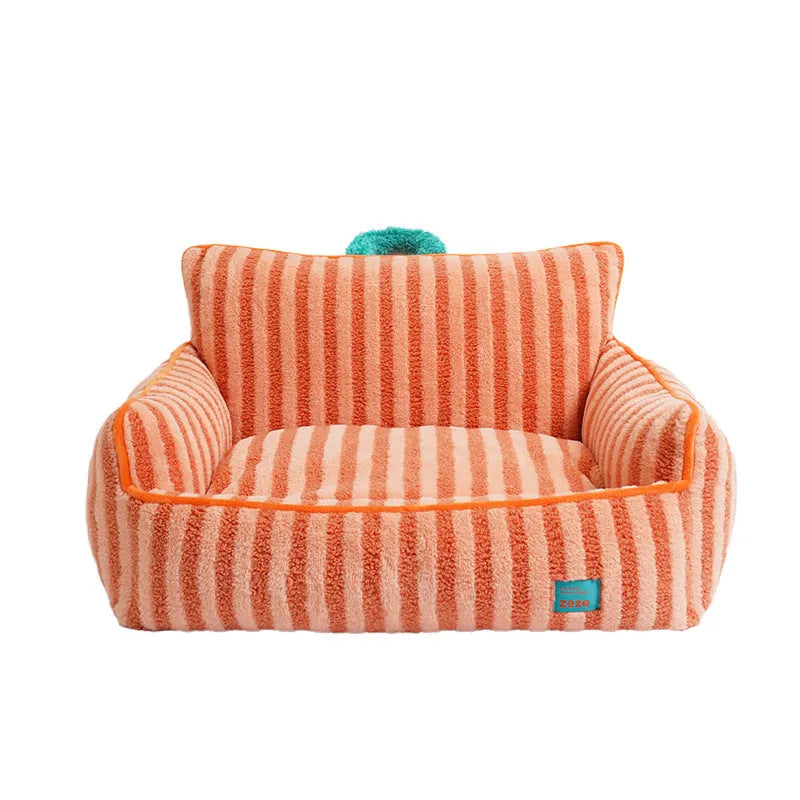 Striped soft velvet pet bed for dogs with removable washable cover in orange, purple, and yellow colours.