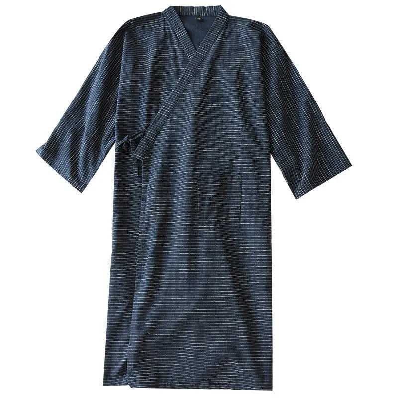 Cyan cotton jacquard gauze kimono bathrobe with 3/4 sleeves on a model